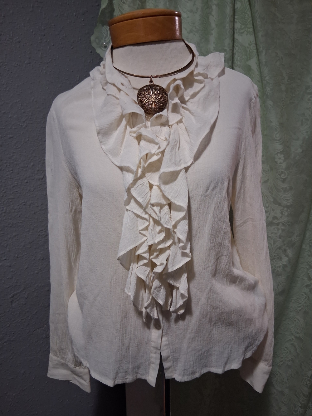 NYGARD- SILK BLEND- Ruffle Front Blouse in WHITE  with Feminine Cascade